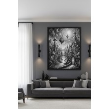 Safir Design Siyah Beyaz Fantastik Şato ve Büyülü Şehir Temalı Çerçeveli Tablo