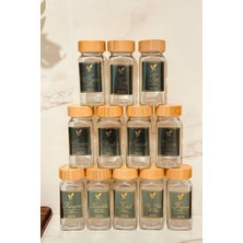 Feyza Design Bambu Kapaklı 12'li Cam Baharatlık Takımı Köşeli, 24 Adet Folyo Etiket Hediye