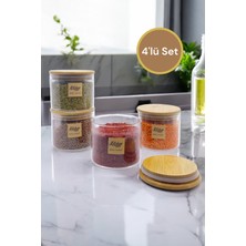 Feyza Design Bambu Conta Kapaklı 4’lü Cam Kavanoz Seti, 600ML, Baharat ve Erzak Saklama