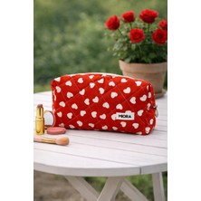 Kırmızı Kalp Desenli Makyaj ve Seyahat Çantası-Düzenleyici