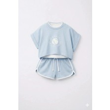 Magu Kız Çocuk Pamuklu Mavi Baskılı T-Shirt ve Şort Takım - Kontrast Şerit Detaylı