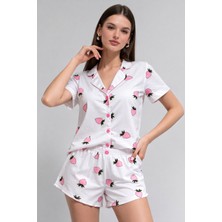 Hakke Çilek Desen Düğmeli Şort Pijama Takımı