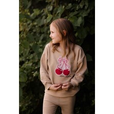 Antebies Pamuk, Sustainable, Bej Kiraz Baskılı  Kız Çocuk Sweatshirt Biker Takım