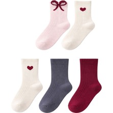 Solde 5’li Set Bebek/çocuk Pamuklu Günlük Çorap – Kalpli & Fiyonklu Desen, Kaliteli