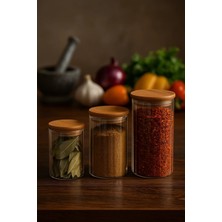 Feyza Design 3’lü Çizgili Cam Baharatlık Seti, Bambu Vakum Kapaklı Hava Geçirmez Kavanozlar