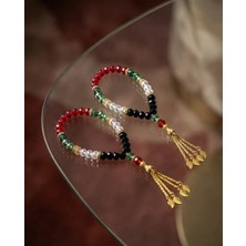 Zaytoon 2\'li Filistin Bayrak Tasarımlı Kristal Taşlarlı El Yapımı Altın Imame Tespih 33\'lü A300045-02