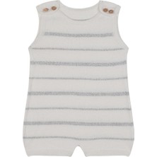 Antebies Beyaz Gri Çizgili Tahta Düğmeli Triko Kolsuz Şortlu Erkek Bebek Tulum