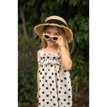 Antebies Lacivert Puantiye Poplin Fırfırlı Göğüs Detaylı Askılı Kız Çocuk Elbise