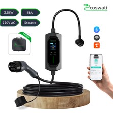 Mayuk Dizayn Coswatt Elektrikli Araç Taşınabilir Şarj Cihazı 3.5 Kw 16A 220V 10 Metre Ev Tipi(Türkçemenü) Çanta Hediye