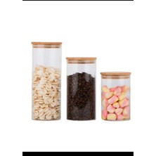 Feyza Design 3'lü Bambu Kapaklı Vakumlu Çizgili Cam Kavanoz Seti, 500-1300ML