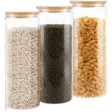 Feyza Design 3'lü 1100 ml Bambu Kapaklı Lüks Yuvarlak Bakliyat ve Kavanoz Seti