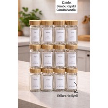 Feyza Design 12 Adet Bambu Kapaklı Cam Baharatlık Takımı, Hediye Paketli
