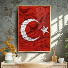 Glitglass Gold Detaylı Türk Bayrağı Cam Tablo - Lüks Ofis ve Ev Hediyesi - Temperli Cam