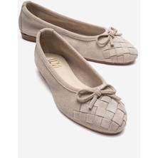 Luvi 03 Bej Süet Hakiki Deri Kadın Babet Ayakkabı