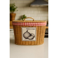 İliva Rattan Patates Soğan Sepeti – Pötikare Kumaşlı, Bölmeli, Dekoratif ve Düzenleyici Kapaklı Sebzelik