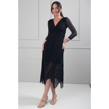 By Saygı Kadın Önü Düğüm Detaylı Astarlı Etekleri Asimetrik Dantel Midi Elbise