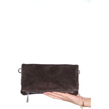 Luvi Thomas Kahverengi Süet Hakiki Deri Kadın Boncuklu Clutch Çanta