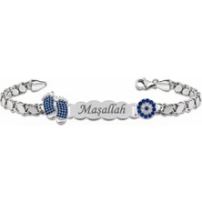 Parmas Design Bebek Künyesi Maşallah Yazılı 925 Ayar Gümüş Nazar Lacivert Taşlı Ayak Izi