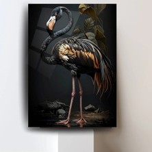 Glitglass Lüks Siyah ve Altın Flamingo Cam Tablo - Modern Egzotik Duvar Dekoru