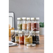 Feyza Design 12'li 350 ml Cam Baharat Saklama Kabı Seti, Metal Kapaklı, Plastik Kaşık ve Etiketli