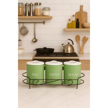 Feyza Design 3’lü Çay Kahve Şeker Kavanoz Seti Standlı Metal Saklama Kabı Yeşil