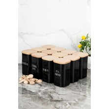 Feyza Design 12'li 250 ml Siyah Ahşap Baharatlık Seti, Vakumlu ve Etiketli, Şık Hediye