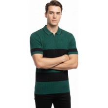 Erkek T-Shirt Çizgili Triko Dokuma Kumaş Polo Yaka Yarım Fermuarlı Regular Kalıp Tişört - Çağla Yeşili