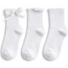 Solde 3’lü Set Kadın Pamuklu Çorap – Fiyonk & Fırfırlı Model, Düz Beyaz, Kaliteli