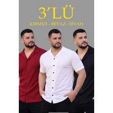 Erkek Waffle Dokuma Açık Yakalı Düğmeli Regular Kalıp 3 Lü Gömlek Seti - Siyah, Kırmızı, Beyaz