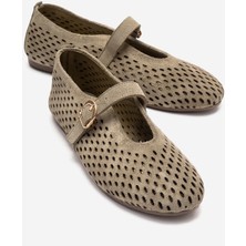 Luvi Arian Yeşil Süet Hakiki Deri Delikli Kadın Babet Ayakkabı