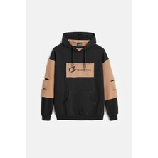 Siyah - Bej Erkek Oversize Kapüşonlu Baskılı Kanguru Cepli Sweatshirt L