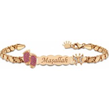 Parmas Design Bebek Künyesi Maşallah Yazılı 925 Ayar Gümüş Kelebek Kırmızı Taşlı Ayak Izi