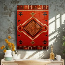 Glitglass Geleneksel Kilim Desenli Cam Tablo - Kırmızı ve Modern Etnik Duvar Dekoru