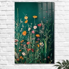 Glitglass Modern Kır Çiçekleri Desenli Cam Tablo - Koyu Yeşil Zeminli Botanik Duvar Dekoru