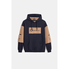 Lacivert -  Bej Erkek Oversize Kapüşonlu Baskılı Kanguru Cepli Sweatshirt Xl