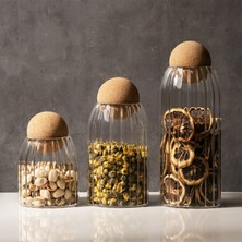 Feyza Design 3'lü Top Mantar Kapaklı Çizgili Cam Kavanoz ve Baharatlık Seti