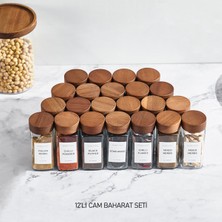 Feyza Design Akasya Bambu Kapaklı Cam Baharatlık Seti, Modern ve Şeffaf Mutfak Düzenleyici