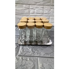 Feyza Design 12'li Bambu Kapaklı Yuvarlak Cam Baharatlık Seti, 12 Etiket ve Kalem Hediyeli