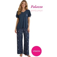 Bie's Kadın Antrasit Desenli Düğmesiz Geniş Yaka Viskon Oversize Kısa Kol Geniş Paça Alt Palazzo Homewear Pijama Takımı
