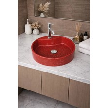 Taş Atölyesi Mermer Desenli Tezgah Üstü Yuvarlak Çanak Taş Lavabo 45 cm Musluk Delikli