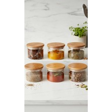 Feyza Design 6'lı Bambu Kapaklı Borosilikat Cam Kavanoz Seti, Vakumlu Baharatlık Takımı