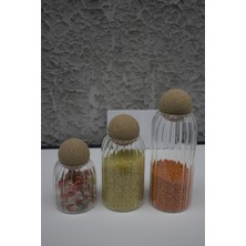 Feyza Design Çizgili Kavanoz Seti 3'lü, Top Mantar Kapaklı, Baharat ve Saklama Için