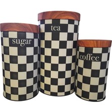 Feyza Design 3'lü Metal Dama Desenli Çay Kahve Şeker Saklama Kavanozu Seti