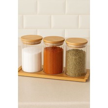 Feyza Design Borosilikat Cam Baharatlık Seti, Bambu Kapak ve Stand, 430 Ml, Optik Çizgili