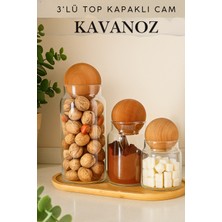 Feyza Design 3'lü Ahşap Top Cam Kavanoz Seti, Saklama ve Şekerlik, Baharatlık