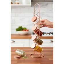 Feyza Design Şık Metal Standlı 5'li Cam Baharatlık Seti, Pratik ve Estetik Saklama