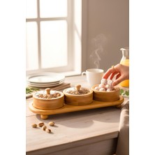 Feyza Design Bambu Tepsili 3'lü Yuvarlak Çerezlik ve Kahvaltılık Seti