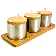 Feyza Design Paslanmaz Çelik Üçlü Baharatlık Set, Ahşap Stand, Şık ve Fonksiyonel