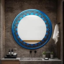Glitglass Mavi Lotus Motifli Dekoratif Yuvarlak Ayna - Modern ve Sanatsal Banyo & Antre Aynası