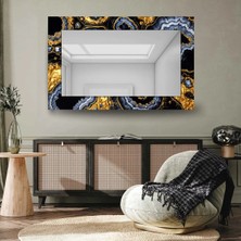 Glitglass Lüks Siyah Mermer ve Altın Varak Desenli Dikdörtgen Duvar Aynası - Dekoratif Cam Ayna